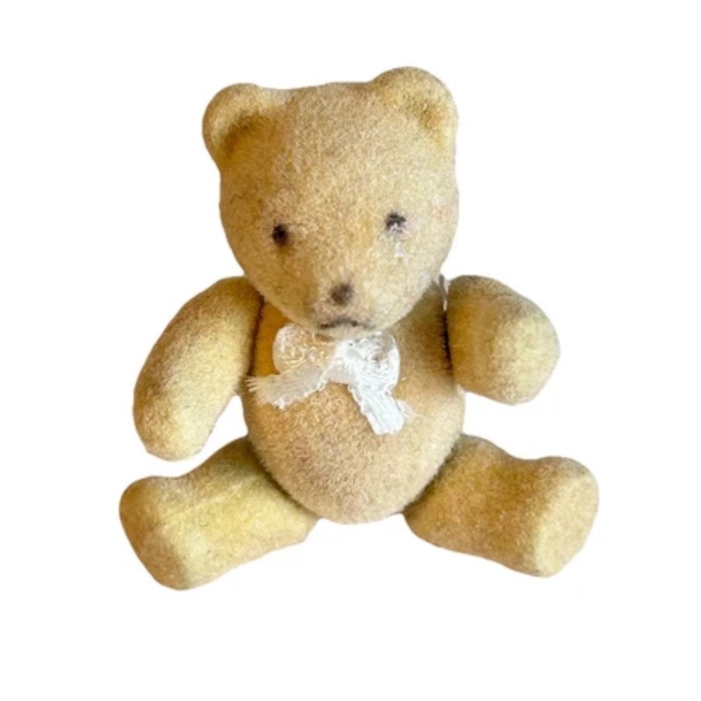 Tan Flocked Dollhouse Teddy Bear Moveable Head Arms Legs 1.75”